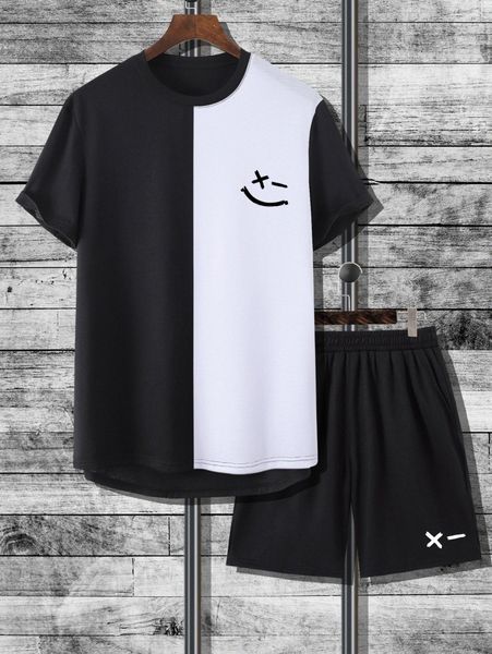 

men expression print colorblock high low tee & shorts z7zh#, Gray