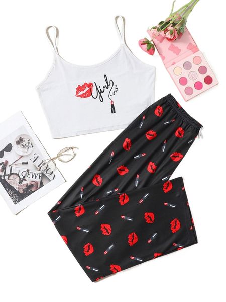 

lip & letter print pajama set f2sx#, Black;red