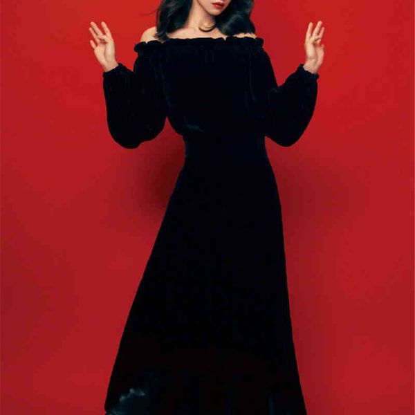 

casual dresses off shoulder herringbone neck black long skirt women's autumn and winter velvet elastic waist sleeve dress tny2, Black;gray