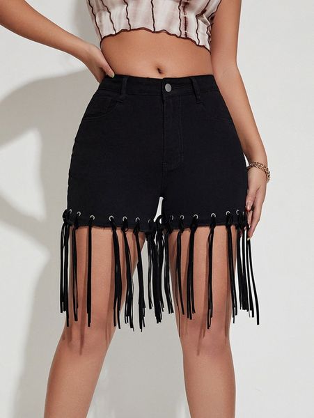 

fringe trim denim shorts p2co#, White;black