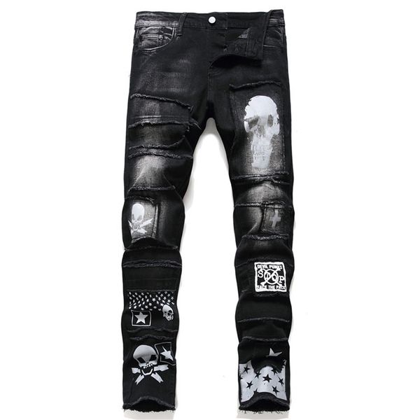 

mens pants streetwear fashion trousers jeans skull black denim biker male casual designer ripped comfortable 220813, Blue