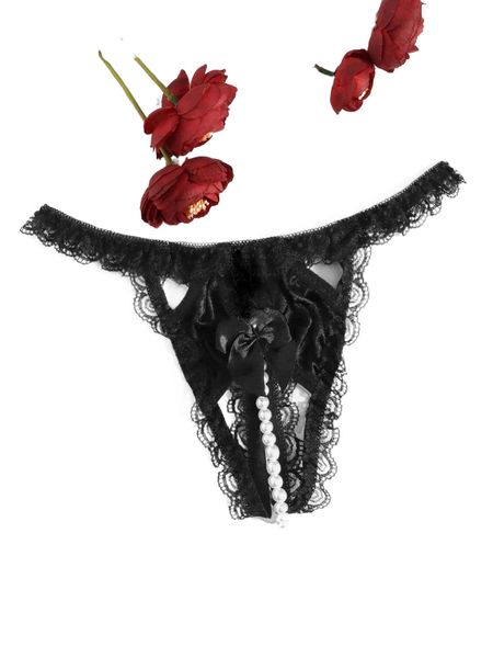 

bow pearls decor contrast lace crotchless thong e26u#, Black;red