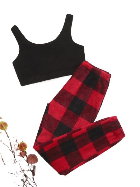 

crop flannel tank & buffalo plaid print pants lounge set z7w1#, Black;red