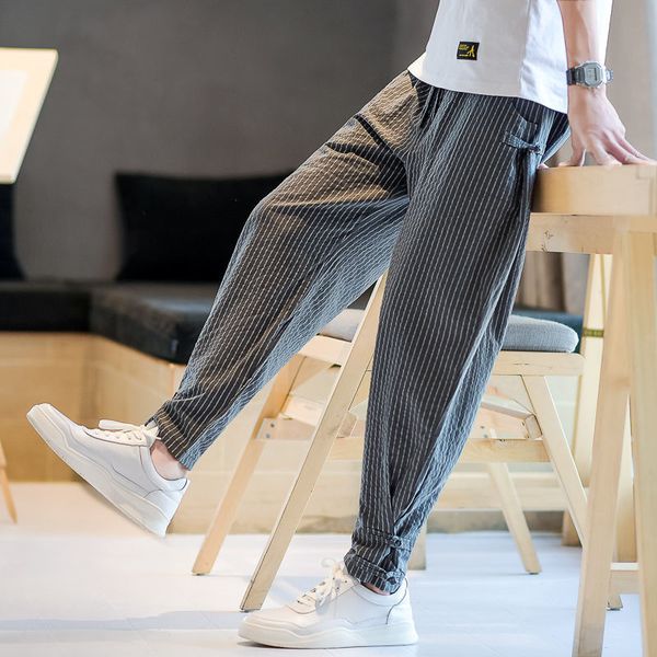 

mrgb cotton linen casual pants men's cross button stripe chinese style baggy male harem pants large size 5xl retro trousers 220816, Black