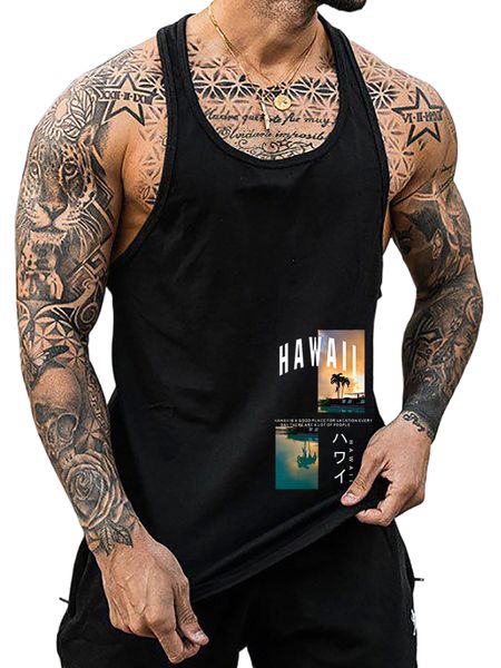

men letter & palm tree print tank r4nu#, White;black