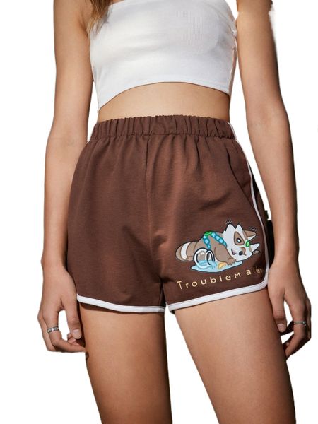 

romwe x afk arena cartoon graphic contrast binding shorts e9cu#, White;black