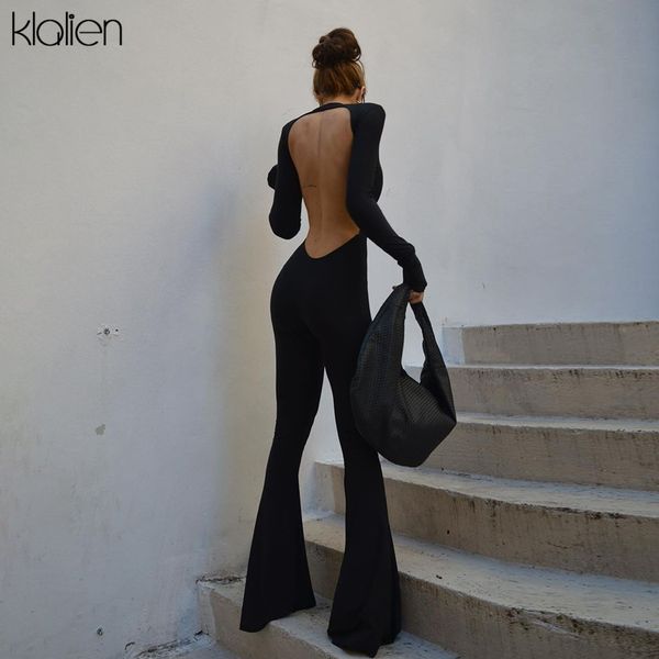 

fashion hollow out backless long sleeve flare pants jumpsuit for women autumn new solid black skinny romper female, Black;white