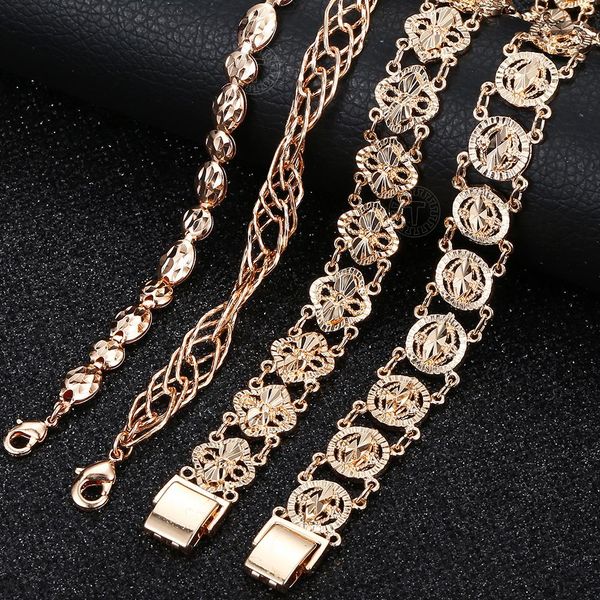 

women men 585 rose gold strands color bracelet on hand bangle fashion cut out carved flower heart oval wristband chains, Black