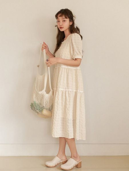 

dazy 1pc lace appliques trim puff sleeve textured smock dress e4c9#, Black;gray