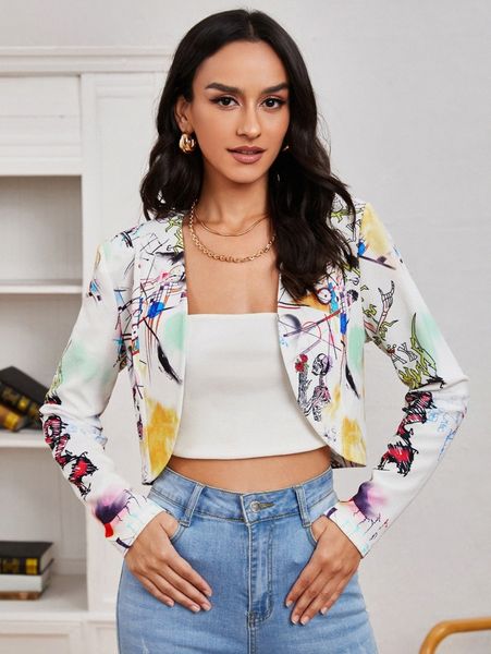 

graffiti letter & skeleton print crop blazer d325#, White