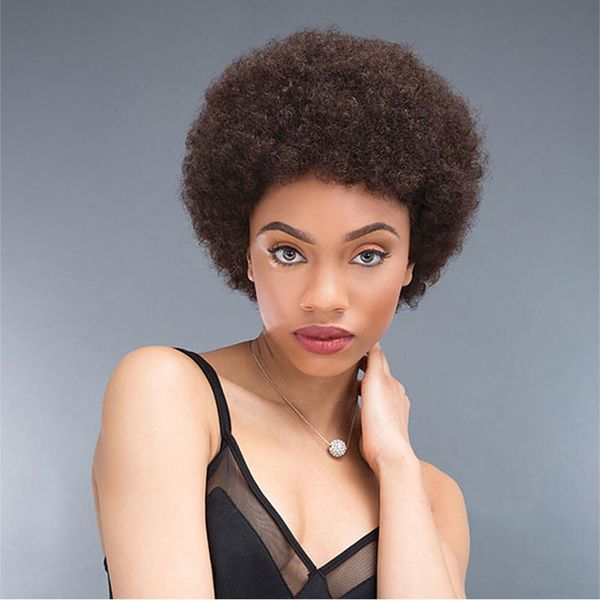 

afro curl human hair wigs for black women full machine made short kinky curly wig with bangs brazilian remy none lace bob wig, Black;brown