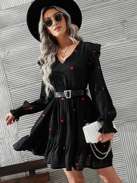 

heart embroidery ruffle trim flounce sleeve dress without belt u9wy#, Black;gray