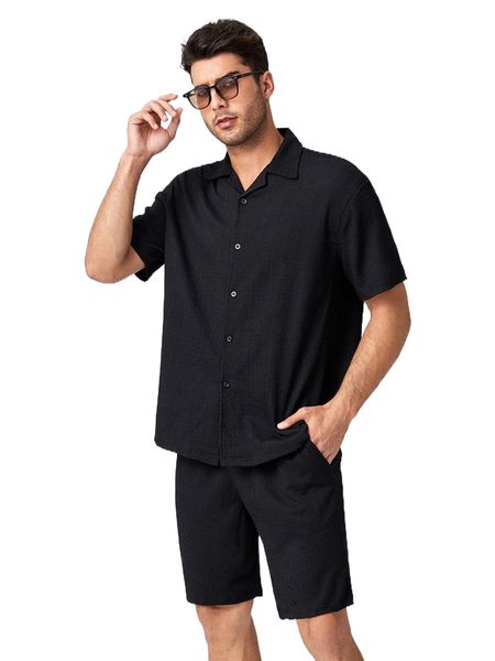 

men lapel neck shirt & drawstring waist shorts set i4p8#, Gray