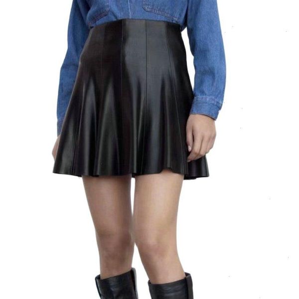 

fashion autumn winter women casual skirts a-line faux leather pu mini lady high waist solid black street midi skirt
