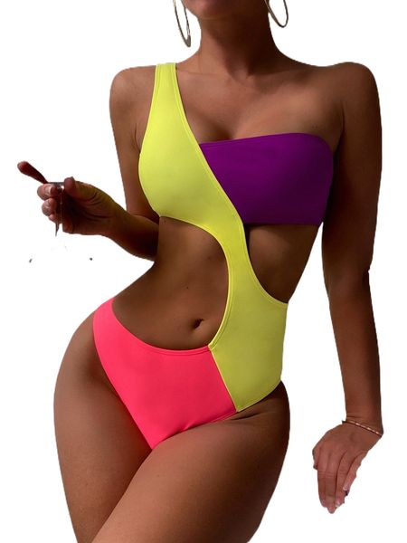 

color block cut-out one shoulder one piece swimsuit u1e1#, White;black