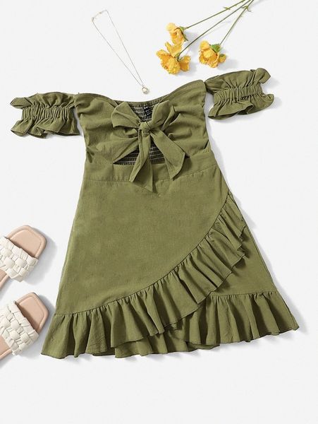 

off shoulder tie front wrap hem dress q8i7#, Black;gray