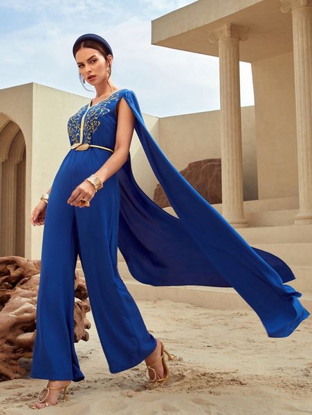 

embroidery cloak sleeve draped wide leg jumpsuit 21wd#, Black;white