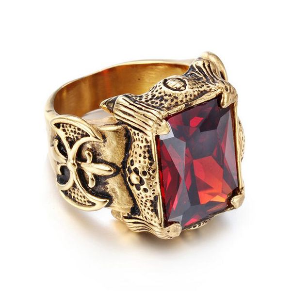 Vintage Gold Farbe Dragon Claw Ringe Hiphop Männer Edelstahl Big Rot Grün Lila Weiß CZ Zirkon Kristall Stein Kreuz ring Männer Punk Rock Schmuck