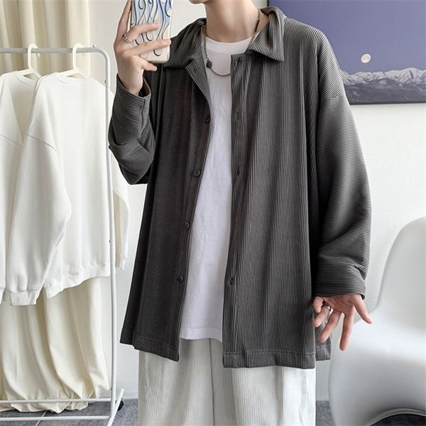 

privathinker korean pleated men oversized shirts spring casual long sleeve blouse solid color single breasted male 220322, White;black