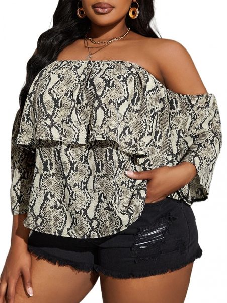 

plus snakeskin print off shoulder ruffle trim blouse n09d#, Black