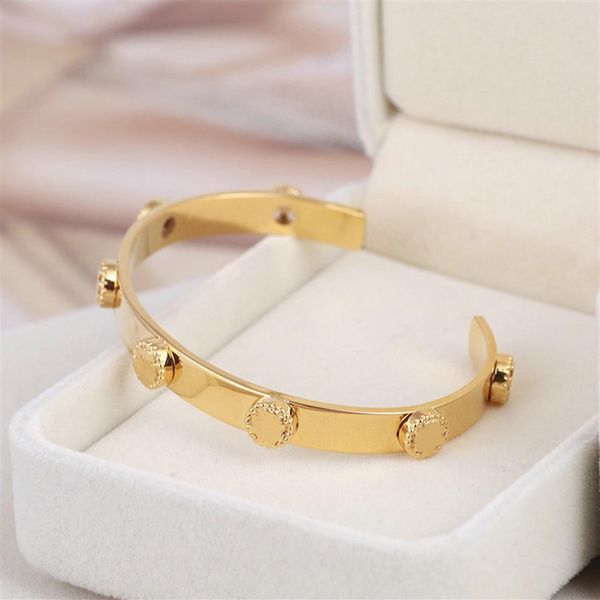 

real 18k gold plated cuff bangle bracelet button brand letter fashion281y, White