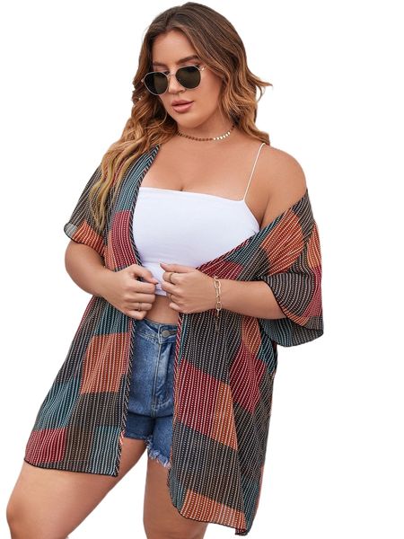 

plus patchwork print open front kimono 362d#, Black;gray