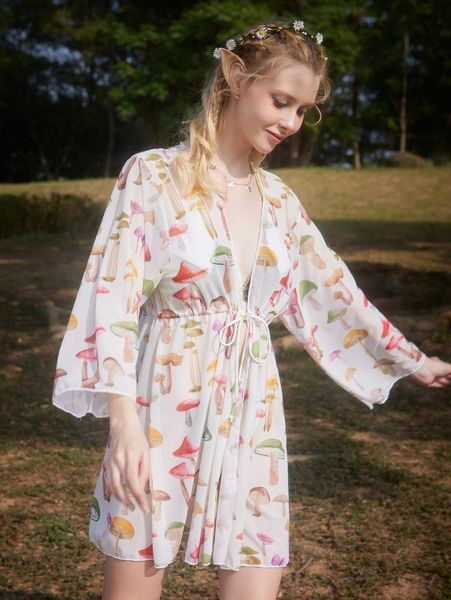 

romwe mushroom print drawstring cover up 39di#, White;black