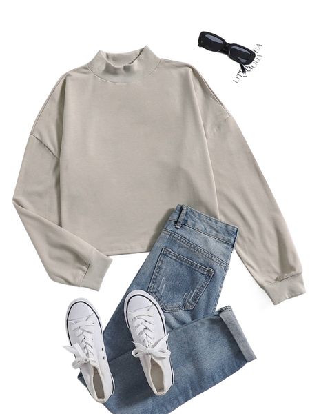 

solid stand collar drop shoulder crop sweatshirt a2tm#, Black