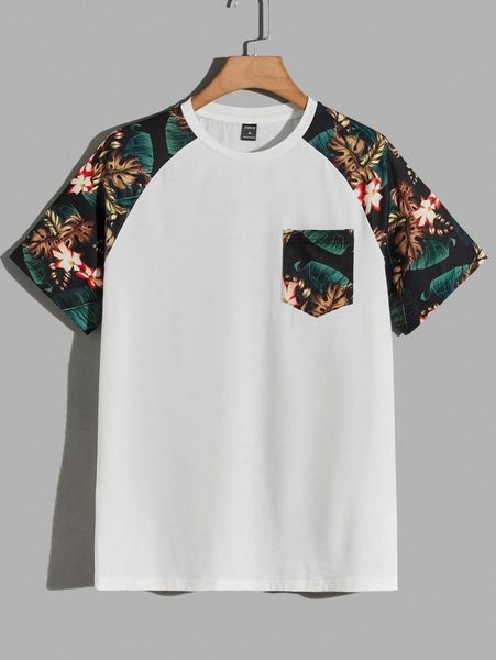 

men floral raglan sleeve pocket patched tee o53c#, White;black