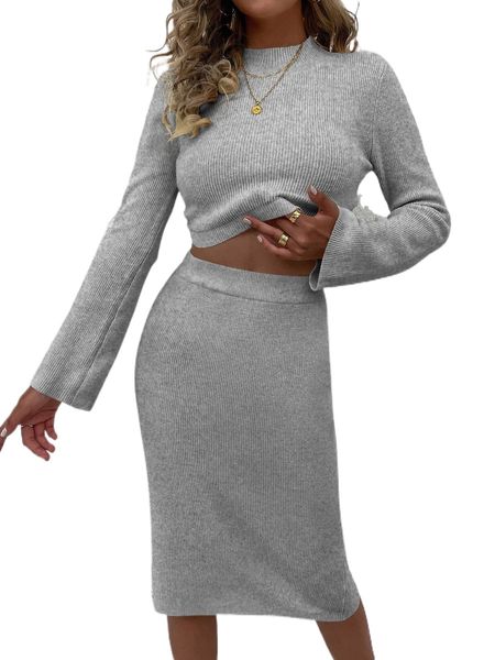 

mock neck crop sweater & knit skirt l6hk#, White;black