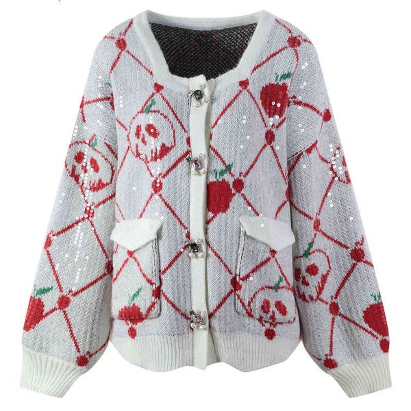 

women's knits tees autumn and winter embroidered square collar apple beaded sweater cardigan long sleeve aging sweet women's wear, White