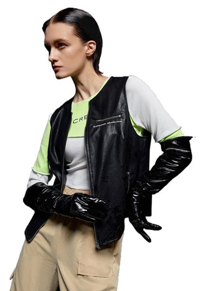 

x credo zip up pu leather vest jacket with oversleeve 93nc#, Black;brown