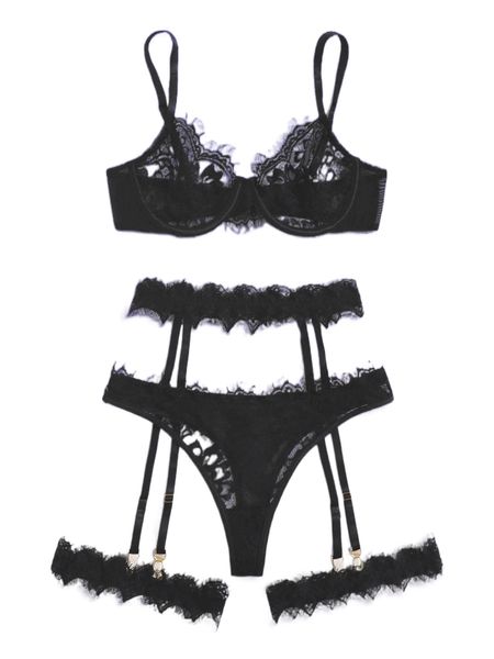 

romwe cyber luvr lace underwire garter lingerie set d9h2#, Black;red