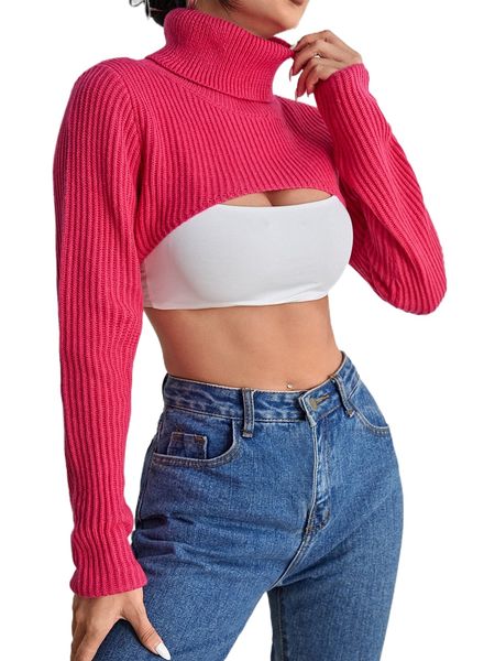 

1pc rib-knit high neck crop shrug sweater c8vp#, White;black