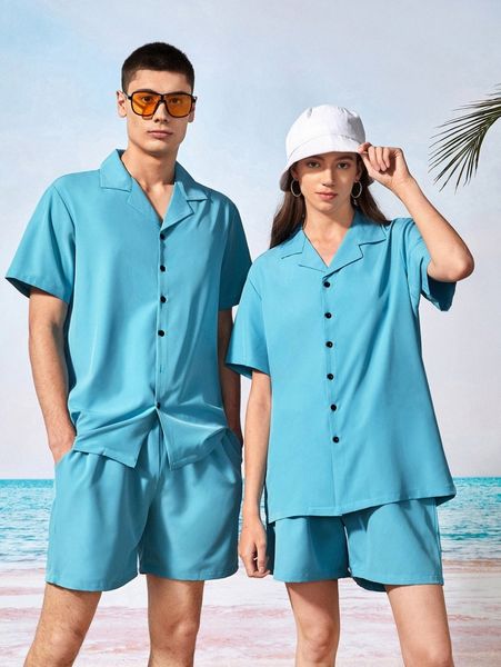

1pc solid lapel neck shirt & 1pc shorts 0182#, Gray
