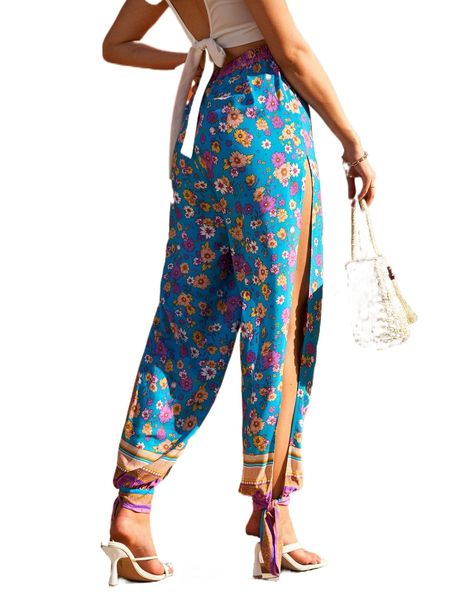 

allover floral print slit side tie hem pants d2ep#, Black;white