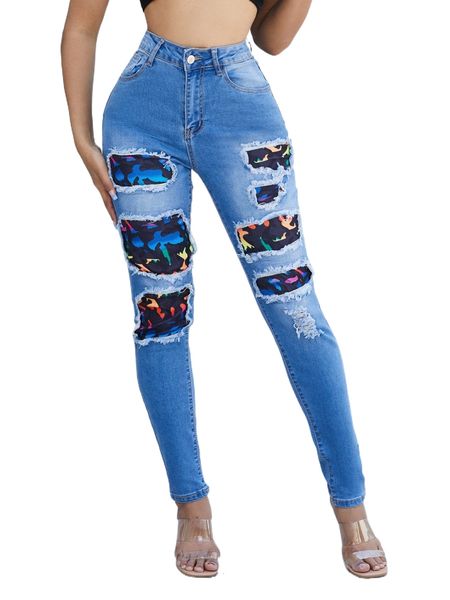 

contrast graphic print ripped skinny jeans k3lm#, Blue