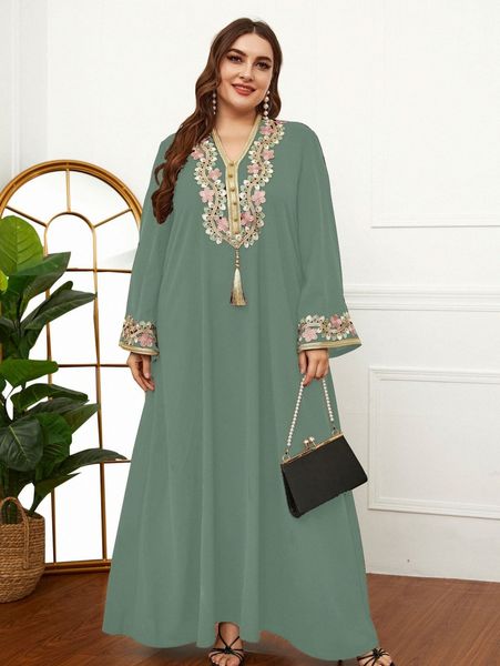 

plus floral embroidery tassel maxi tunic dress 26iu#, Black