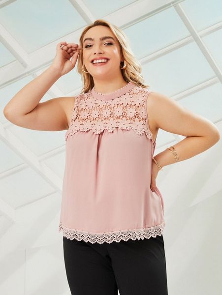 

plus guipure lace insert keyhole back blouse t0ki#, Black