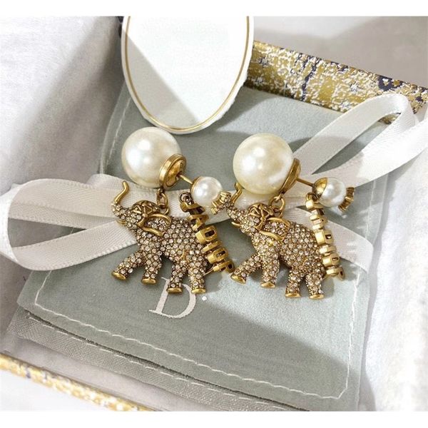 

earrings new pearl single earrings small elephant full brilliant diamonds earrings, Golden;silver