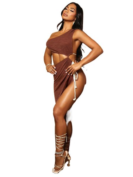 

sxy one shoulder cut out tie side split thigh dress b0wg#, Black;gray