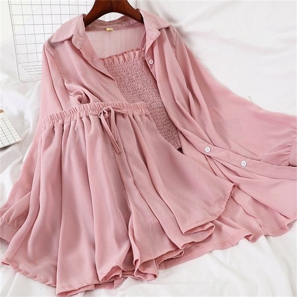

women chiffon 3 piece sets summer thin jacket shorts outfit ladies fashion three pcs set streetwear tracksuit y201128, White
