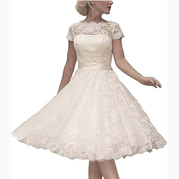 Abito da sposa da cocktail da donna semplice in pizzo floreale lungo ginocchio abito da sposa corto formale