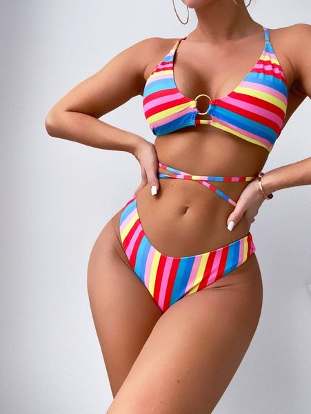 

rainbow stripe ring linked bikini swimsuit n9mh#, White;black