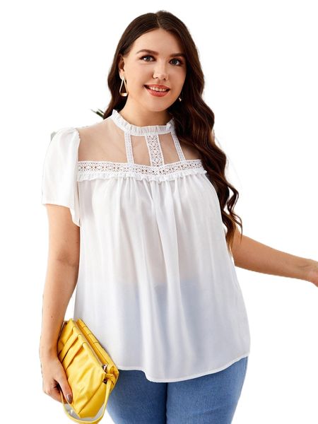 

plus guipure lace panel mesh insert blouse s0kg#, Black