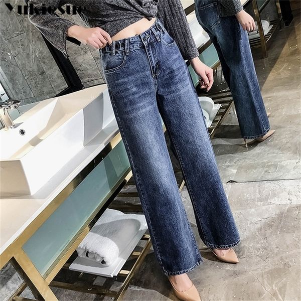 

women summer loose wide leg denim pants high waist jeans female loose wide leg trousers vintage ladies slim jeans plus size 210412, Blue