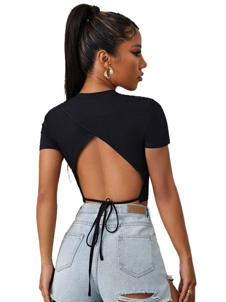 

solid tie back crop tee w5ns#, White