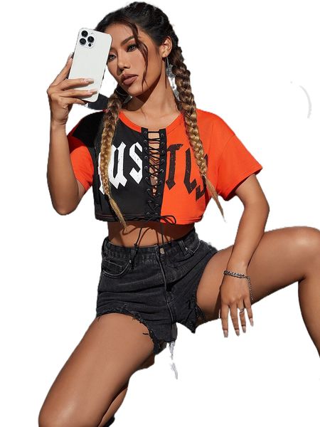 

two tone l.etter graphic lace-up c.rop tee p1zg#, White