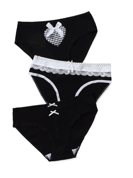 

plus 3pack bow front gingham heart print panty set g87v#, Black;white