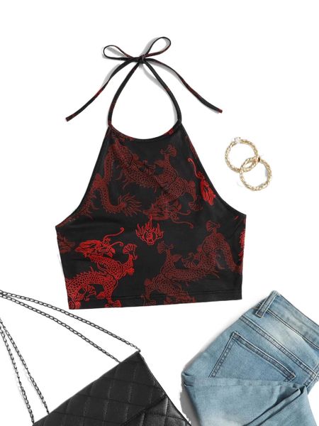 

dragon graphic tie back halter r87s#, White